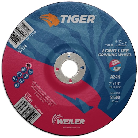 Weiler 7 in Dia, 1/4 in Thick, 7/8 in Arbor Hole Size, Aluminum Oxide, 24 Grit 57135